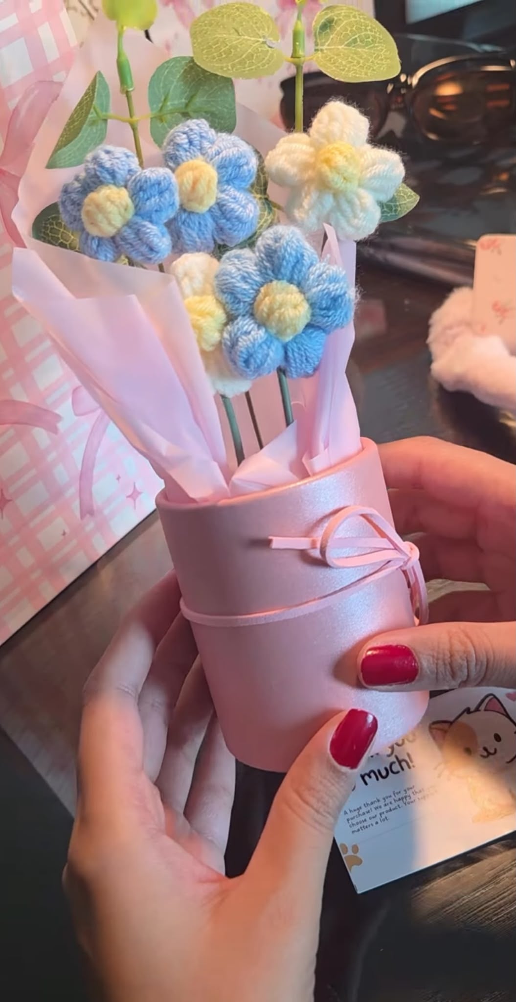 Handmade crochet flower bouquet in a pastel pink pot
