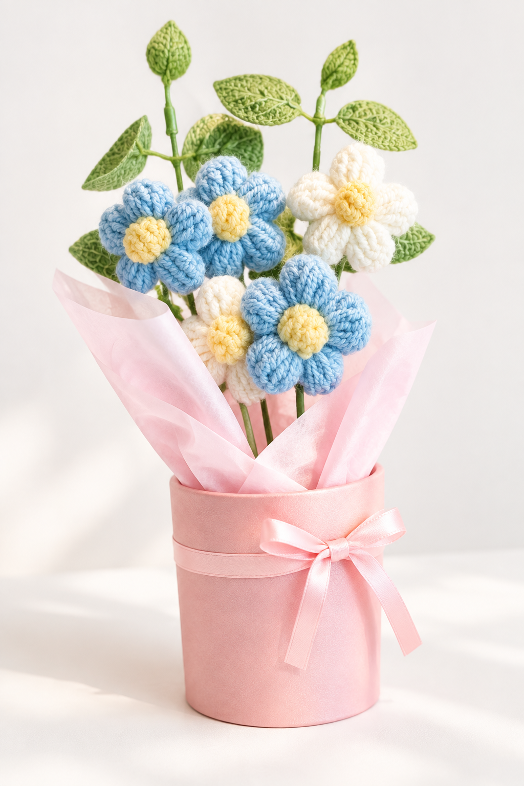 Clean product shot of crochet flower bouquet