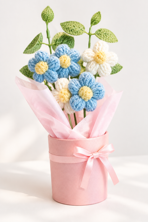 Clean product shot of crochet flower bouquet