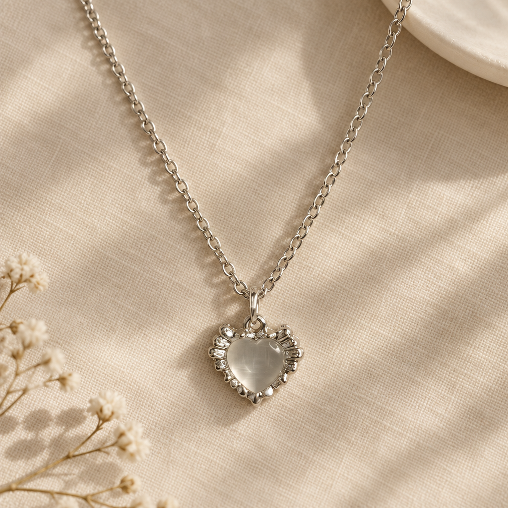 Cat eye heart necklace flat lay on linen