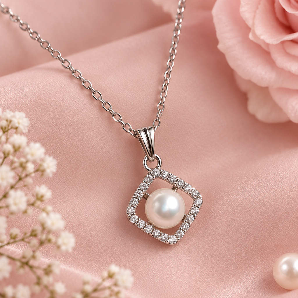 Pearl diamond pendant necklace on blush background
