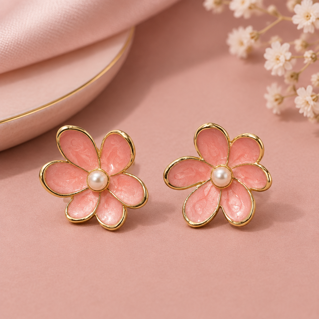 Pink enamel pearl flower earrings on rose background