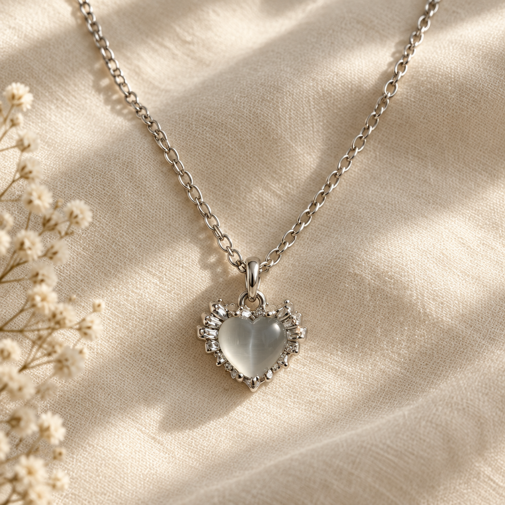 Cat eye heart necklace flat lay on linen
