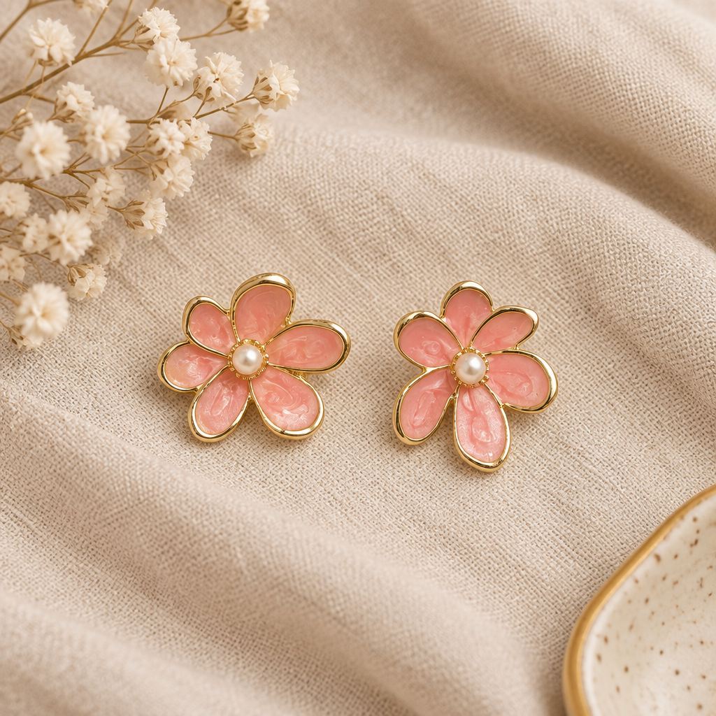 Pink enamel pearl flower earrings on linen flat lay
