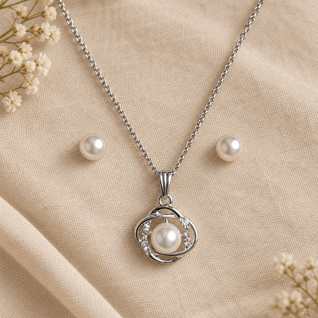 Pearl orbit necklace and earrings set flat lay on linen