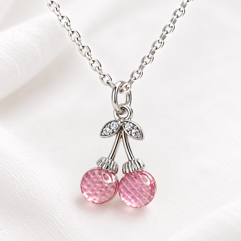 Pink cherry necklace on white background