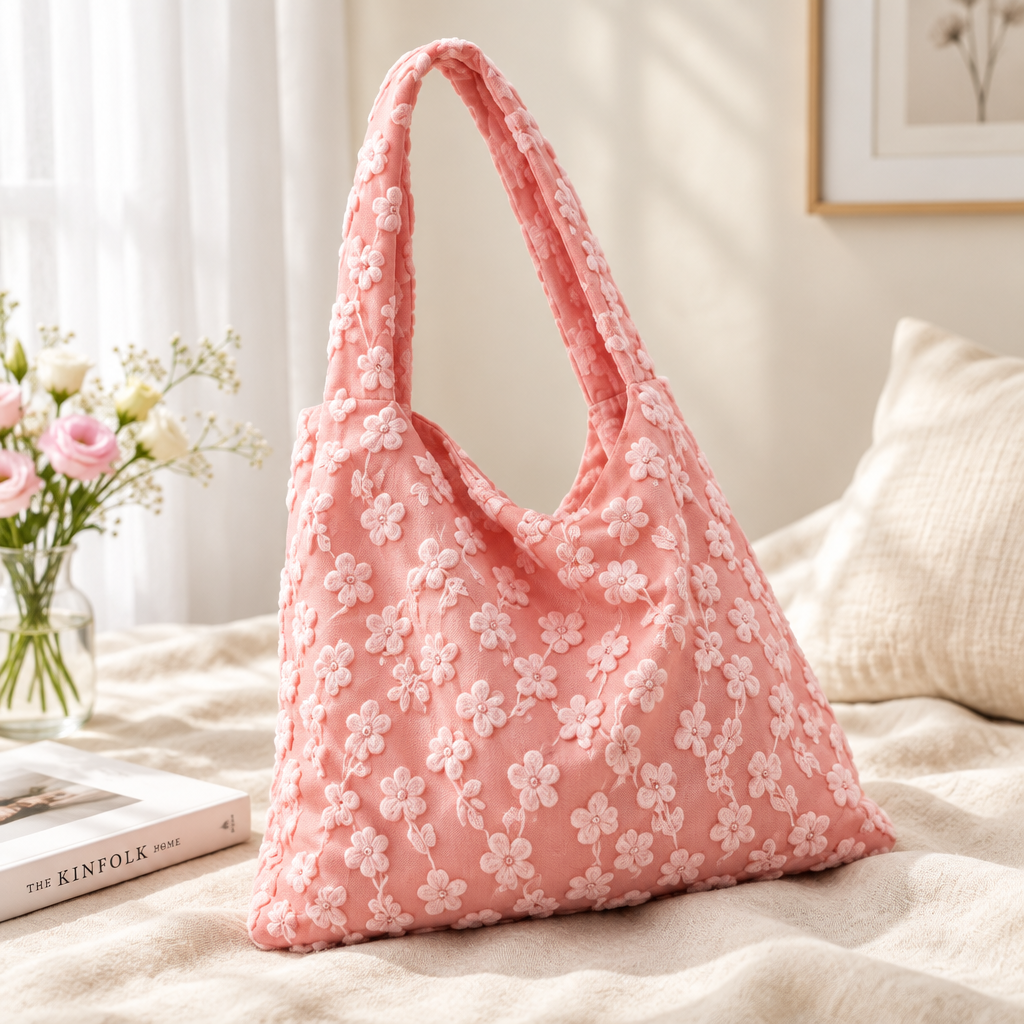 Pink floral jacquard bag lifestyle on linen