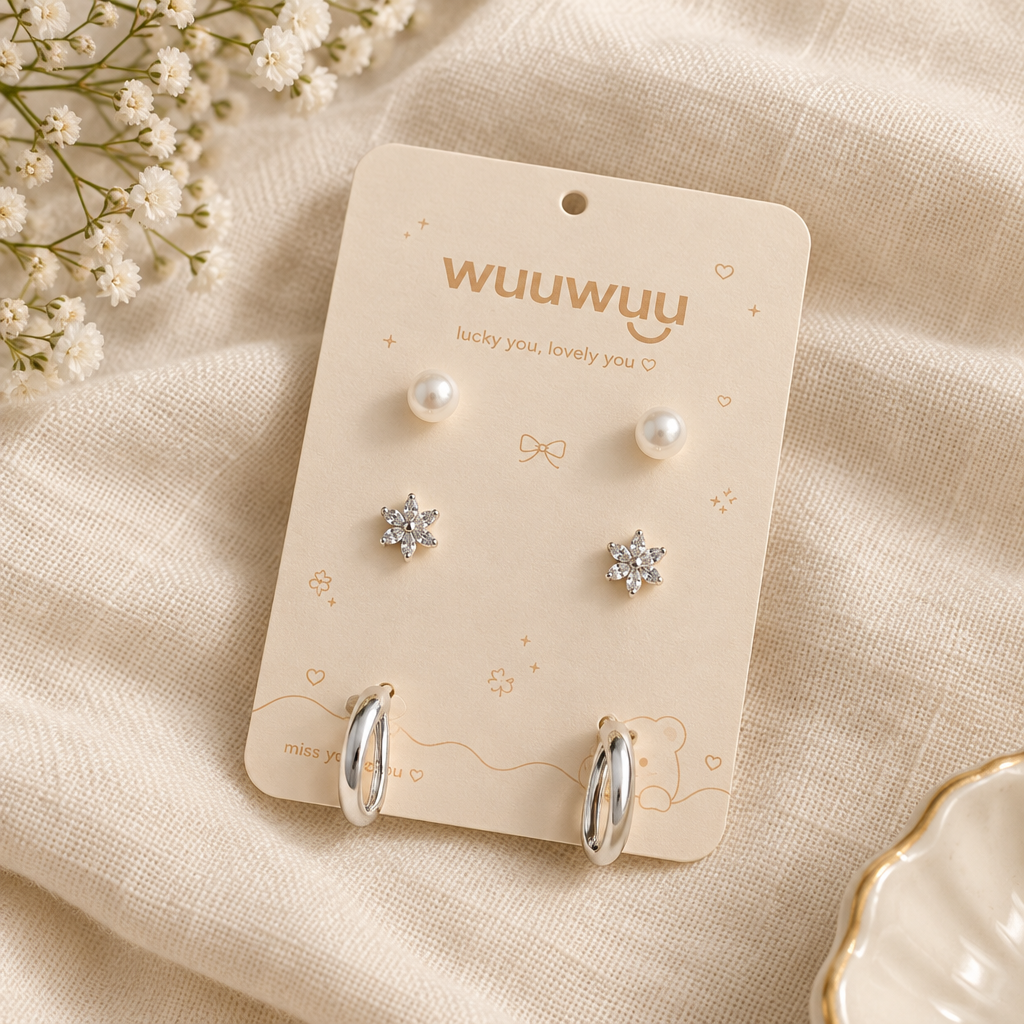 Silver 3-pair earring set flat lay on linen