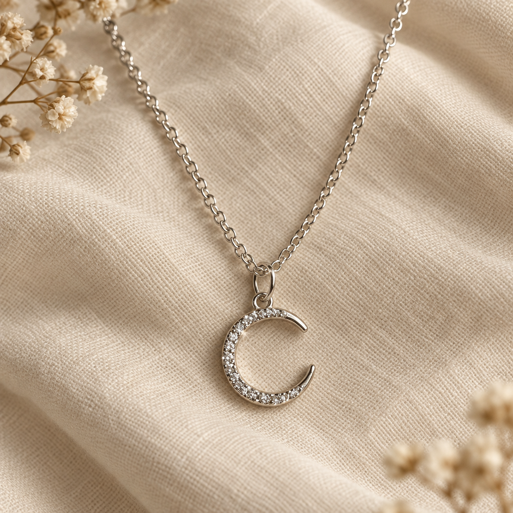 Crystal moon necklace flat lay on cream linen