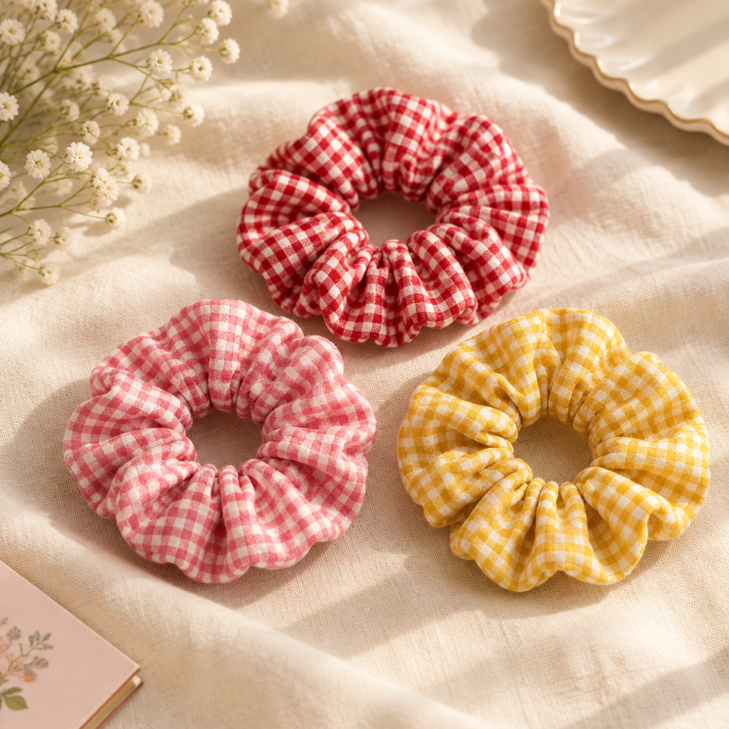 Set of 3 gingham scrunchies on cream linen