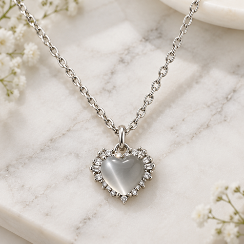 Cat eye heart crystal crown pendant necklace on white marble