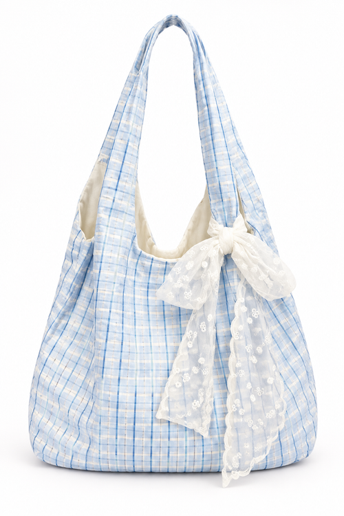 Blue plaid lace bow hobo tote bag on white background