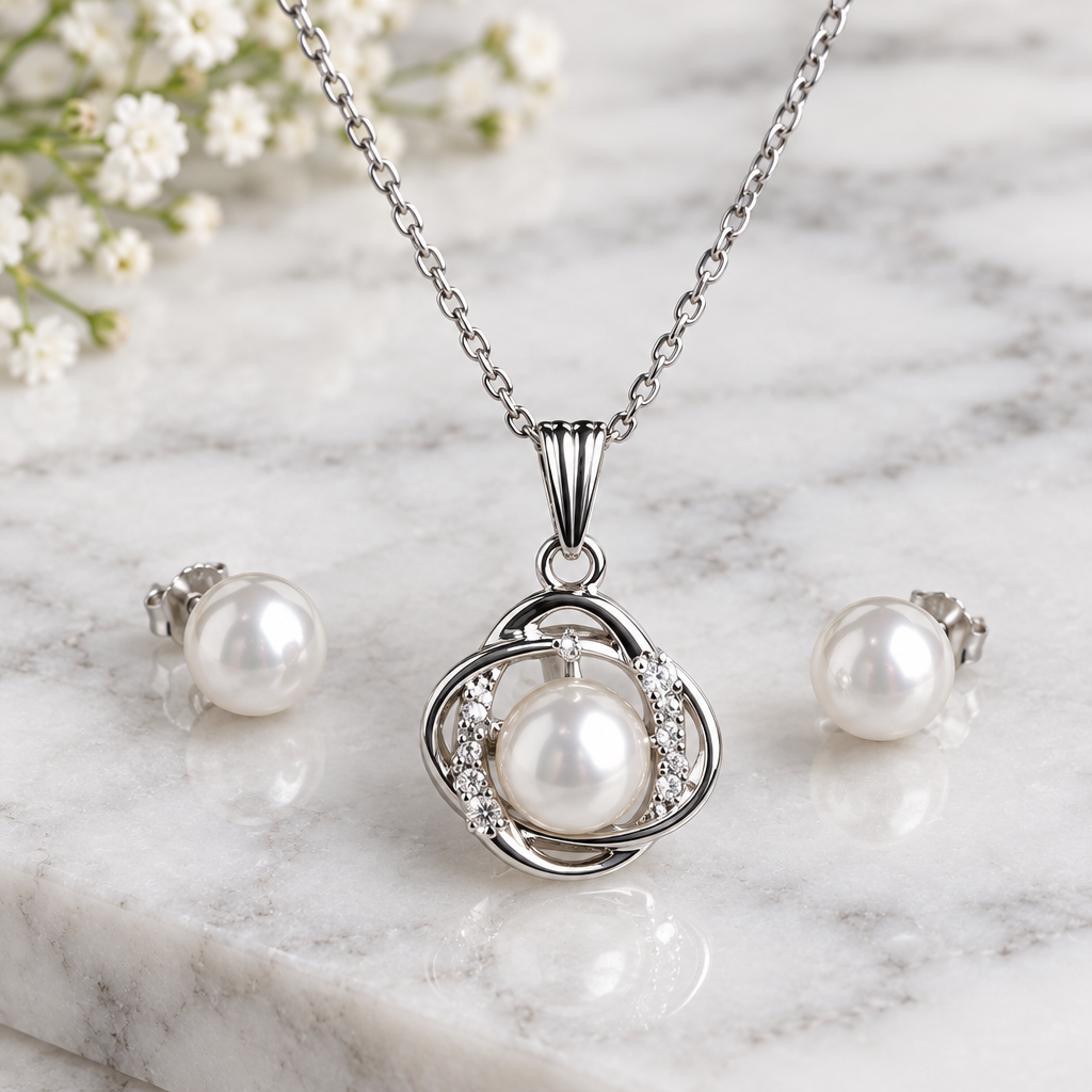 Pearl orbit necklace and stud earrings set on white marble
