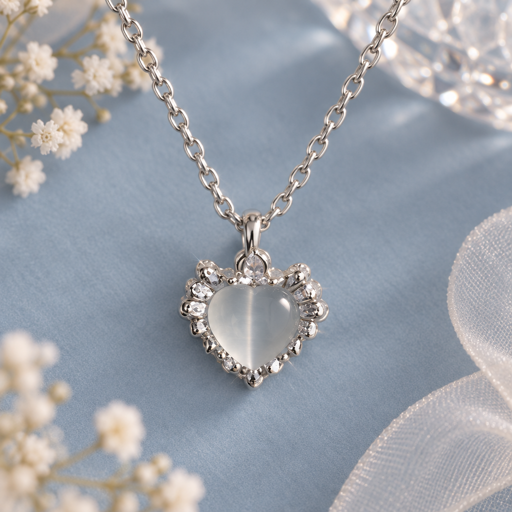 Cat eye heart necklace on dusty blue background