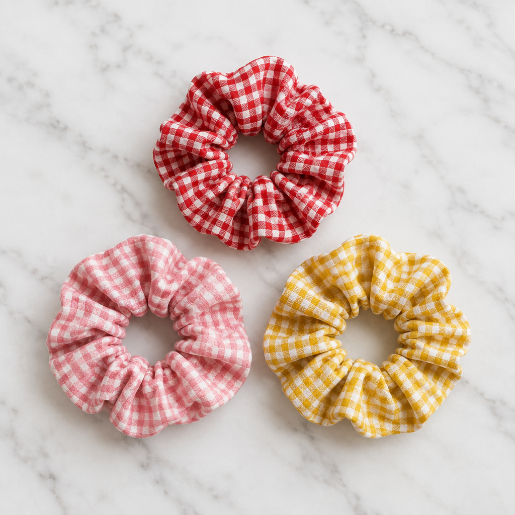 Set of 3 red pink and yellow gingham scrunchies on white marble