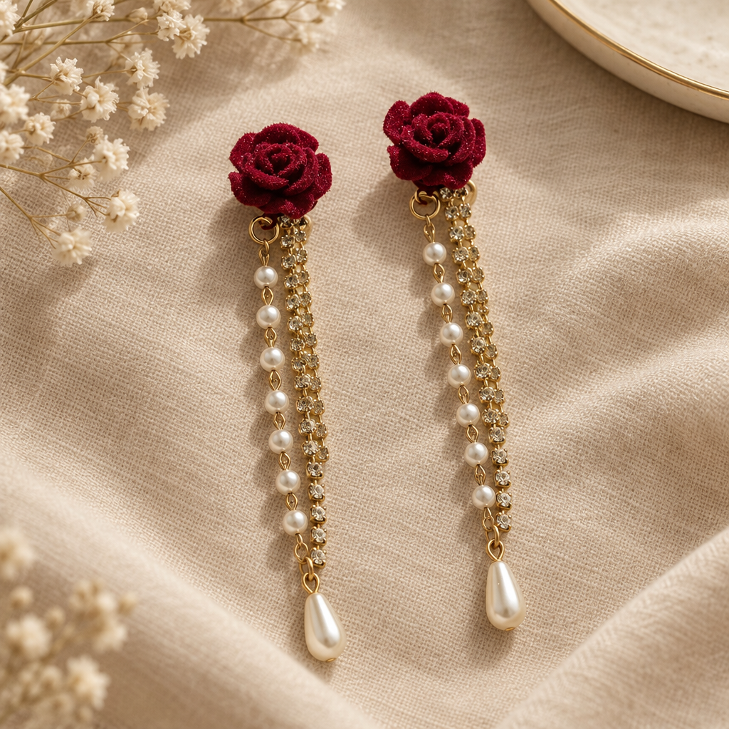 Red rose pearl tassel drop earrings on linen flat lay