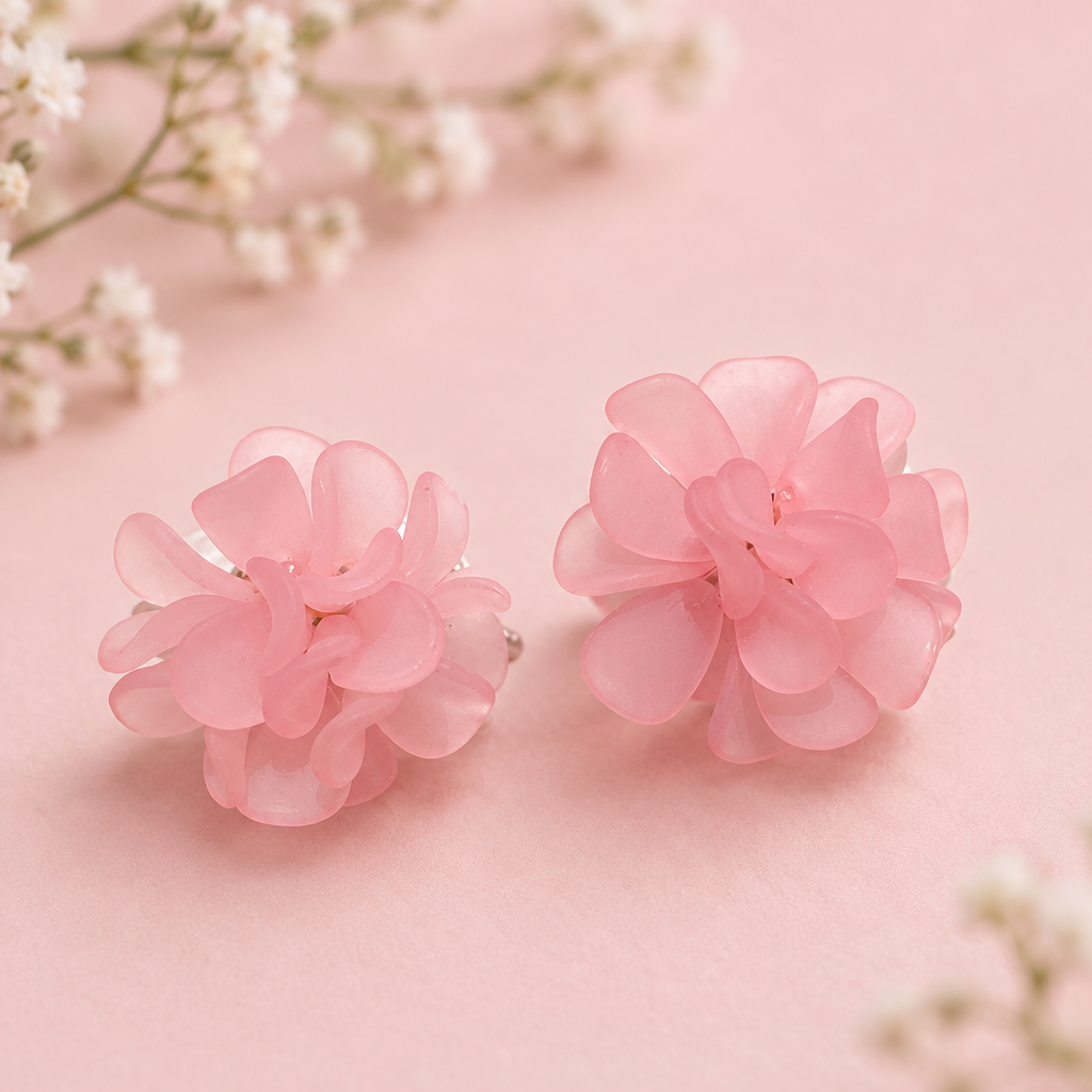 Pink flower cluster stud earrings on pastel pink background