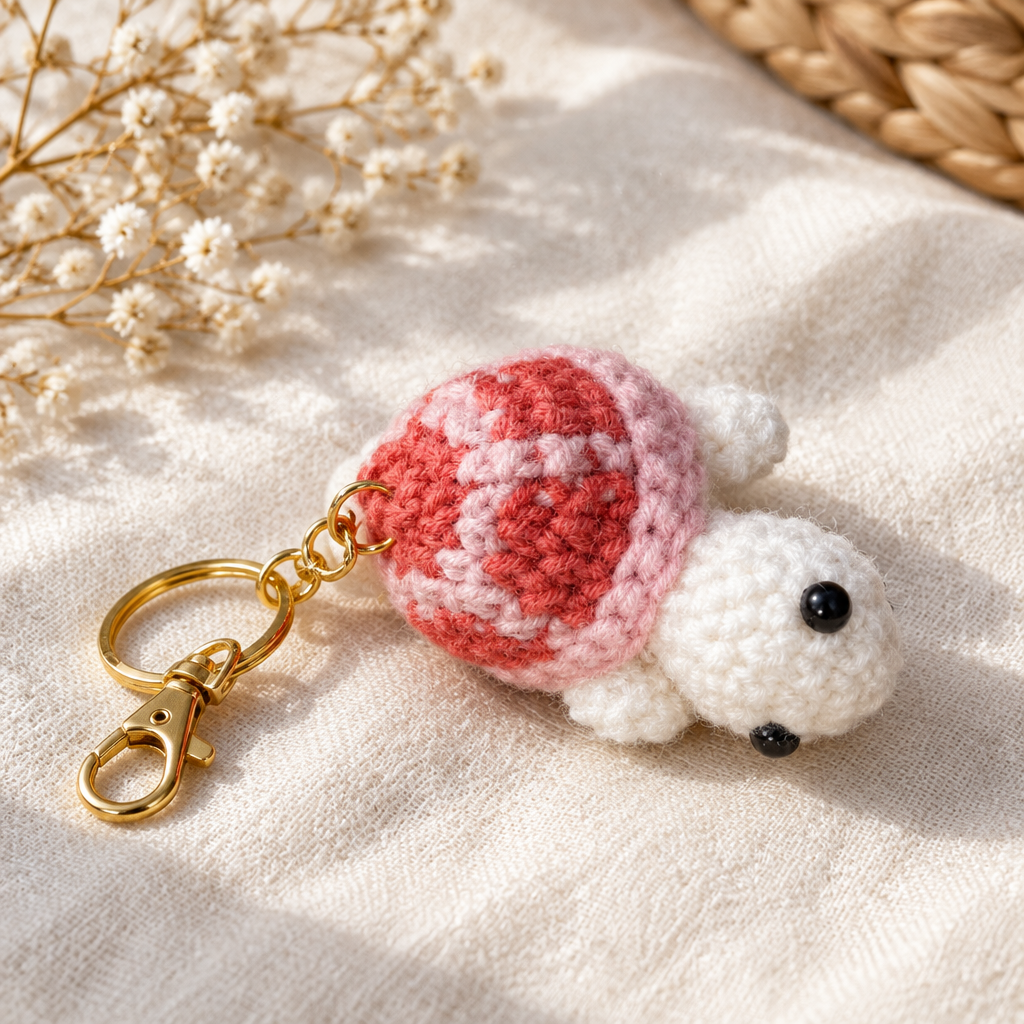 Pink handmade crochet turtle keychain with gold hardware