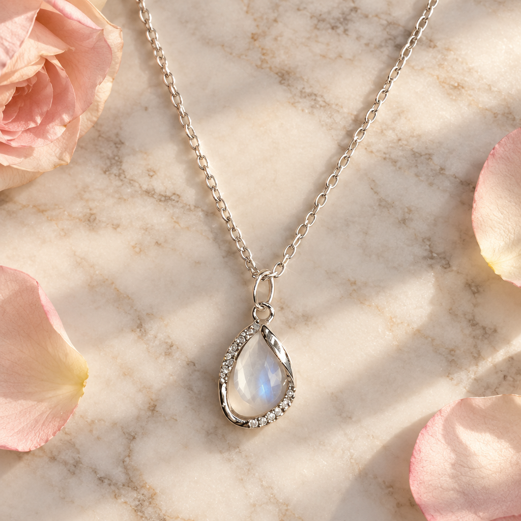 Teardrop crystal pendant necklace flat lay with rose petals