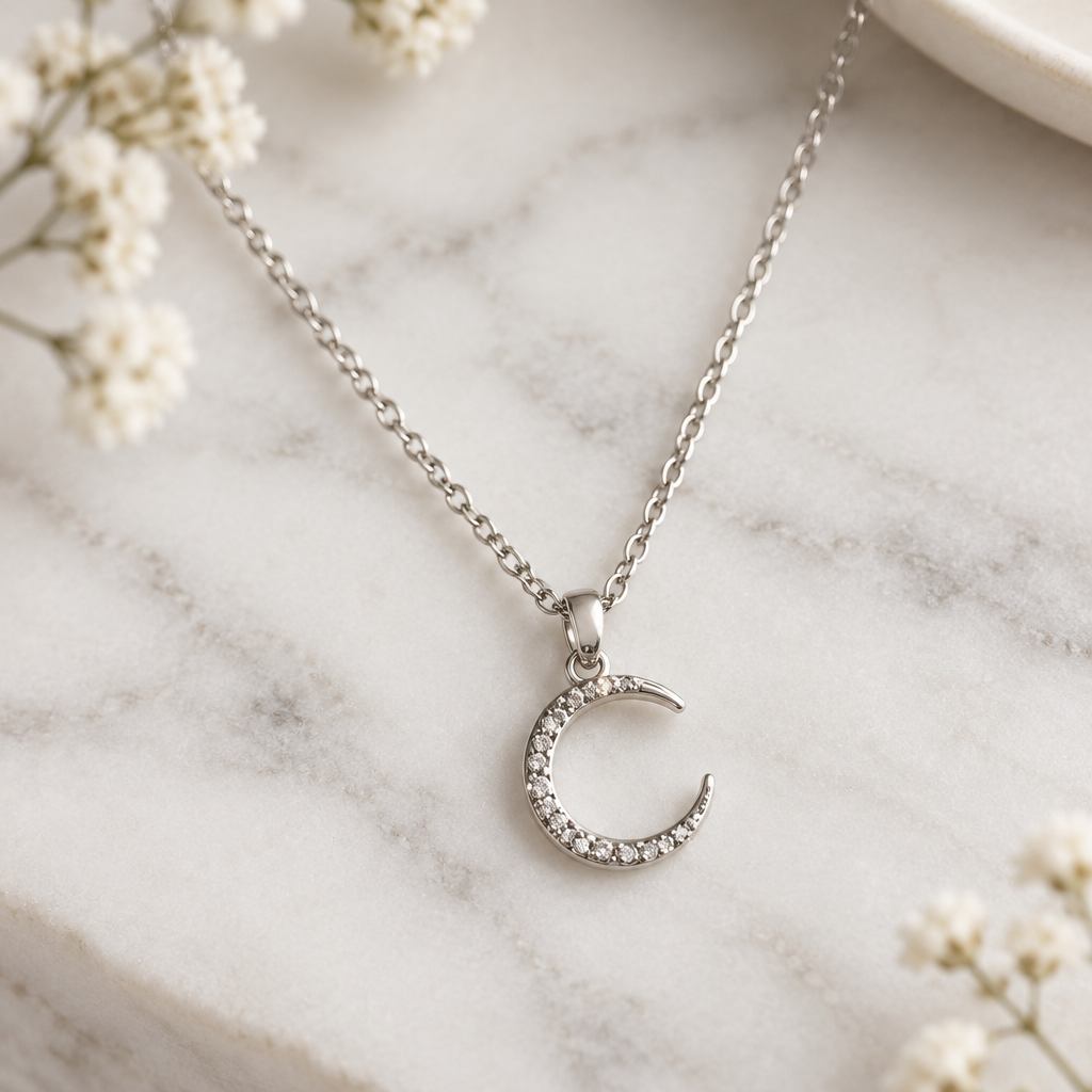 Crystal crescent moon necklace on marble