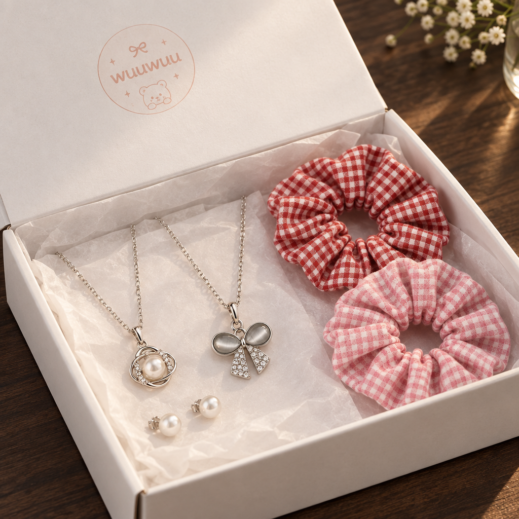 Wuuwuu gift box open with necklace earrings and scrunchies