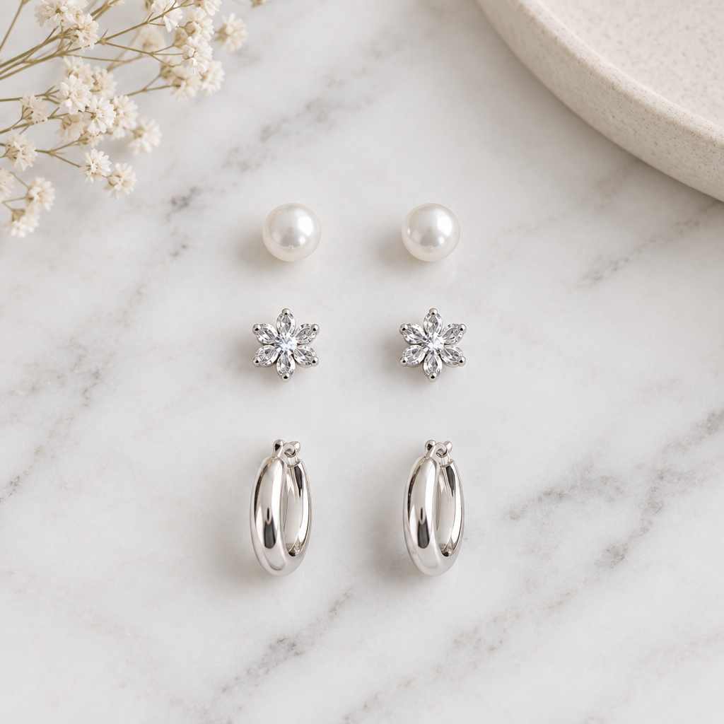Silver 3-pair earring set on white marble