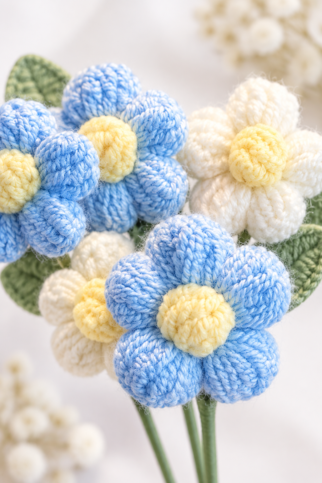 Close-up of crochet flowers detail
