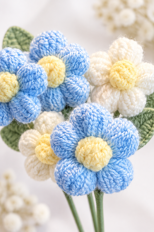 Close-up of crochet flowers detail
