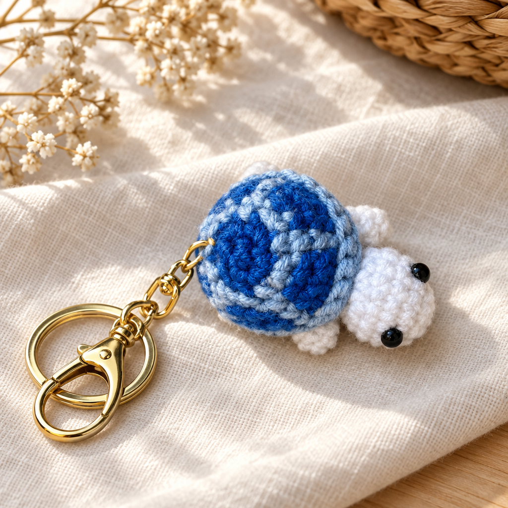 Blue handmade crochet turtle keychain with gold hardware