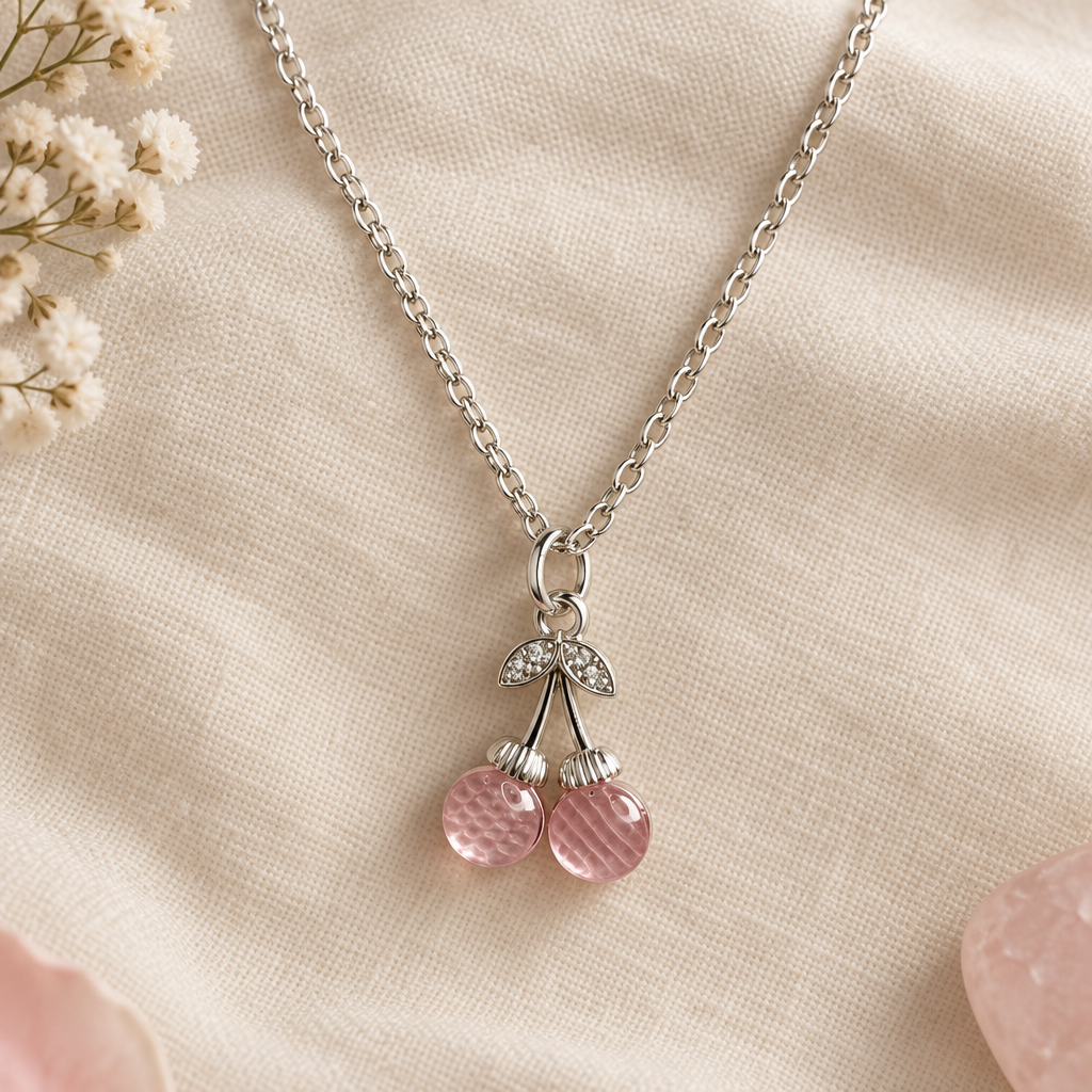 Pink cherry necklace flat lay on linen
