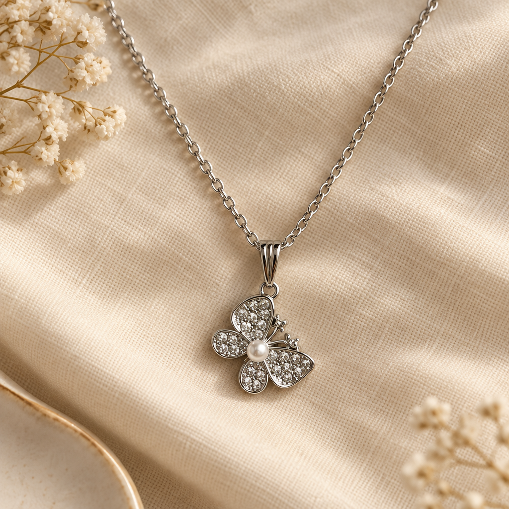 Crystal butterfly necklace flat lay on linen