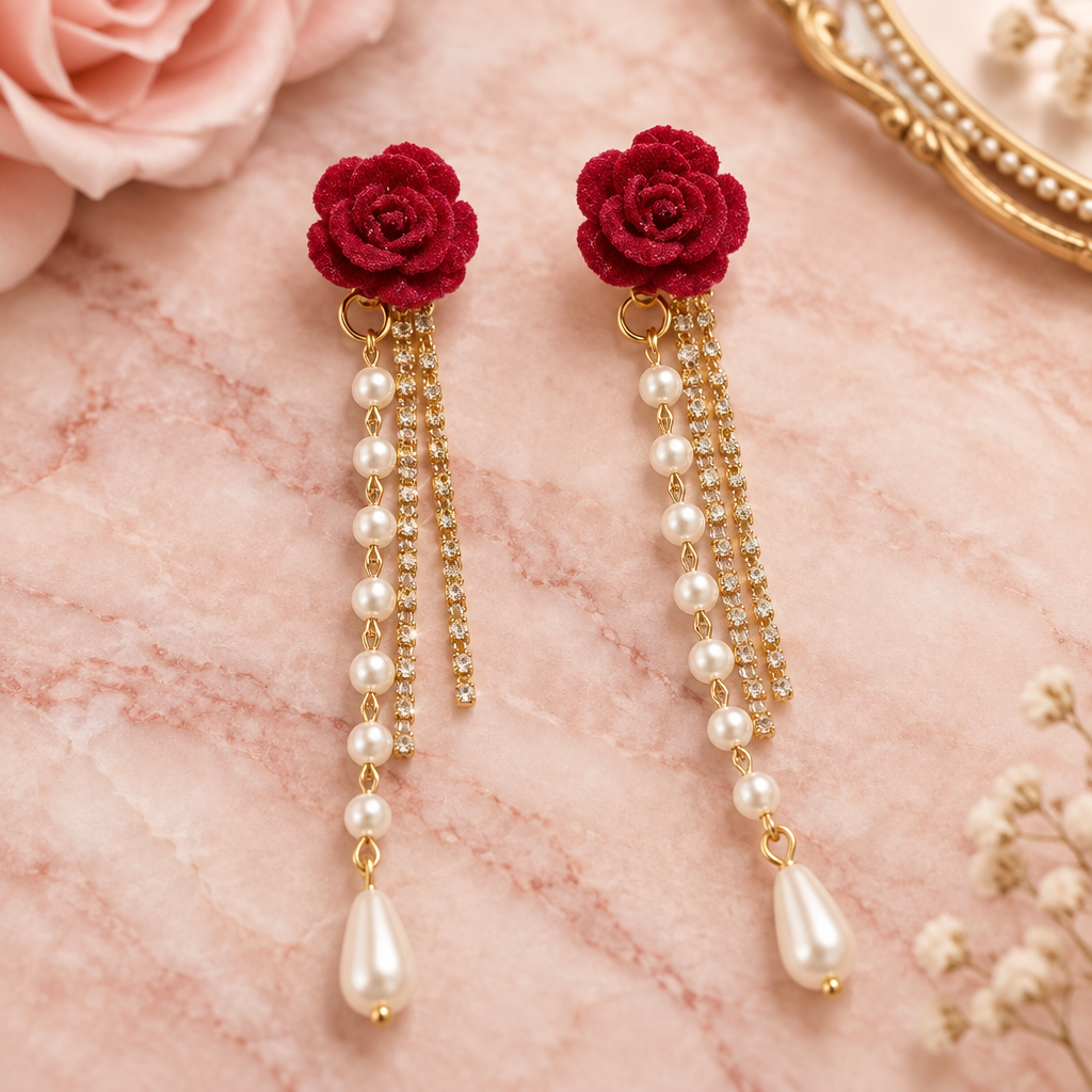 Red rose pearl tassel drop earrings on blush marble