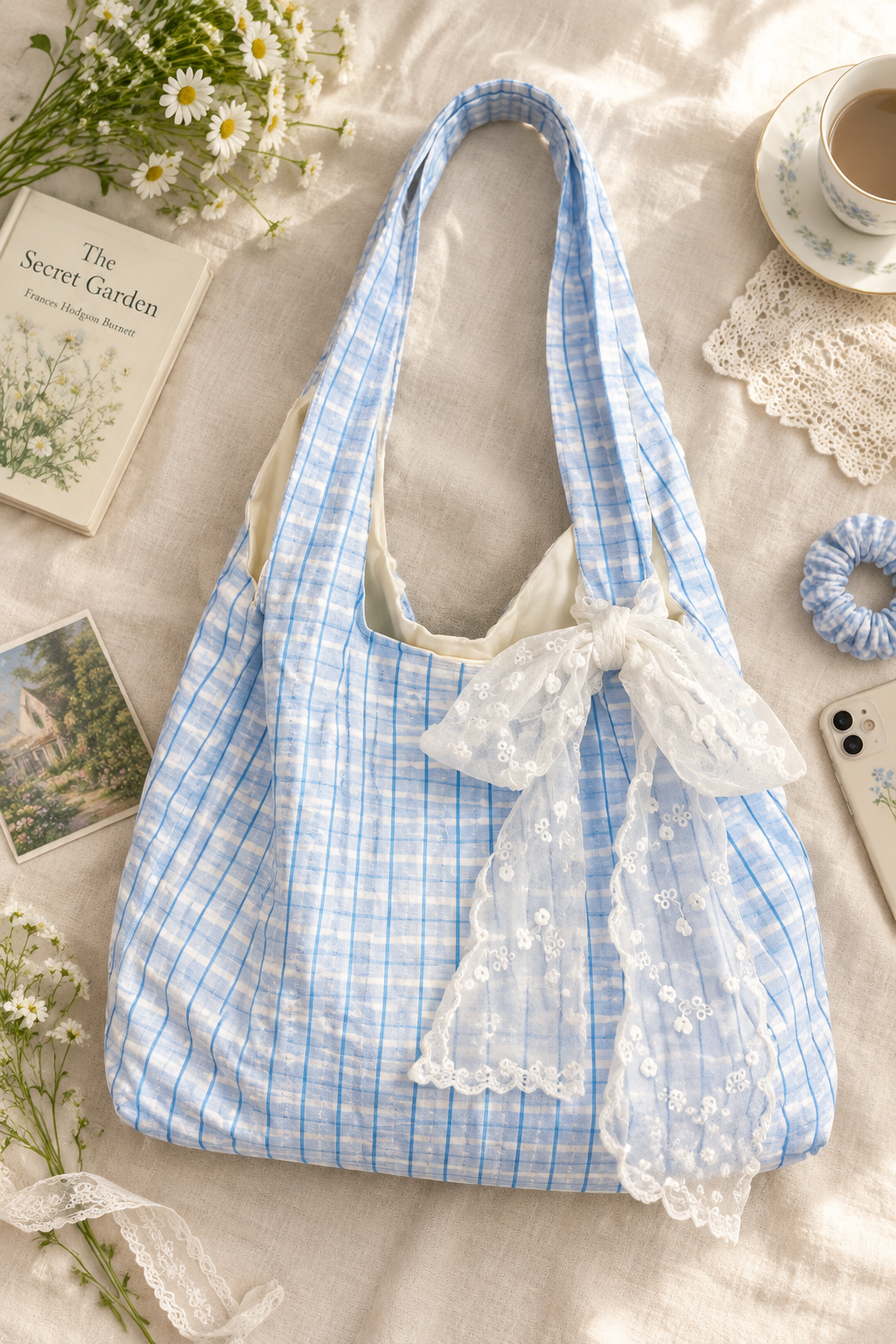 Blue plaid lace bow bag lifestyle on linen