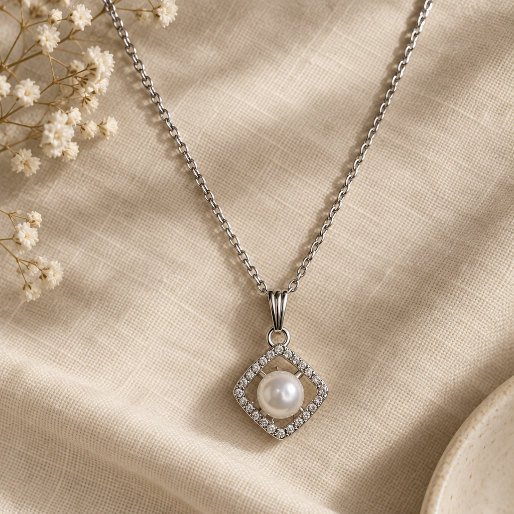 Pearl diamond pendant necklace flat lay on linen
