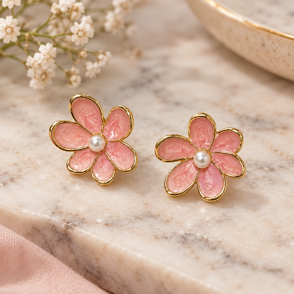 Pink enamel pearl flower earrings on marble surface