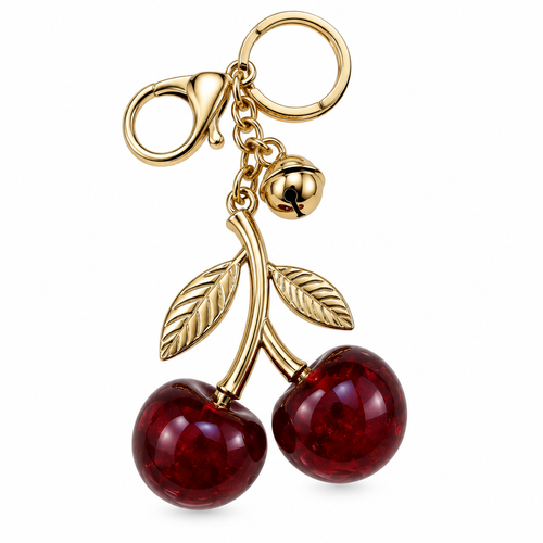 Deep red cherry resin keychain with gold hardware