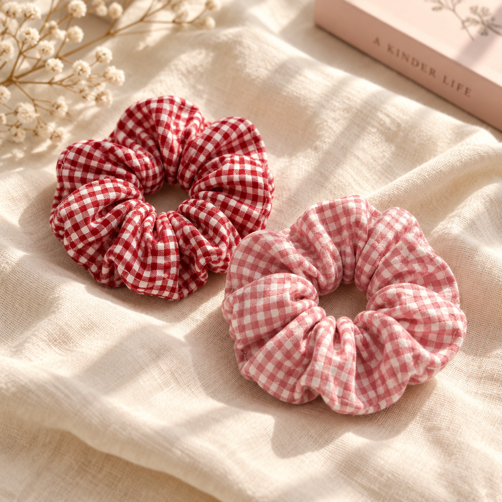 Set of 2 red and pink gingham scrunchies on cream linen