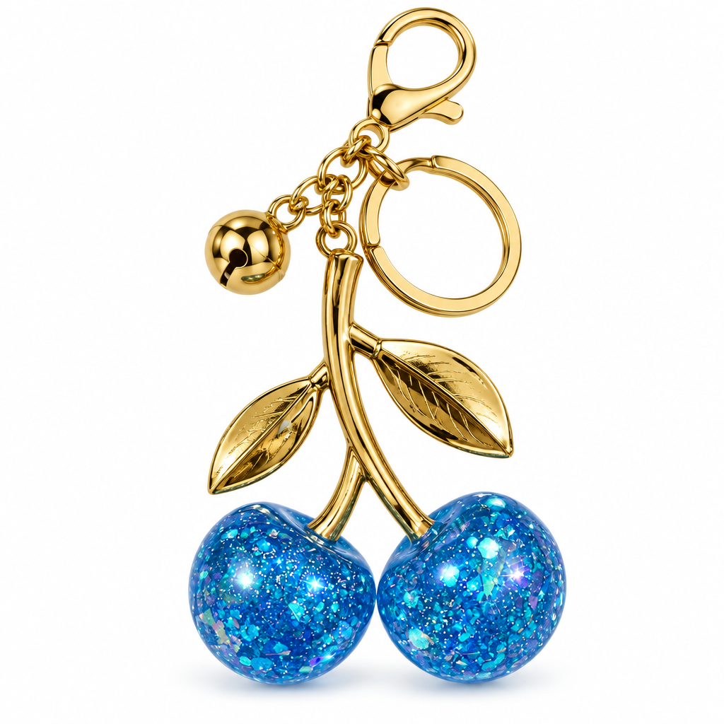 Blue glitter cherry resin keychain with gold hardware