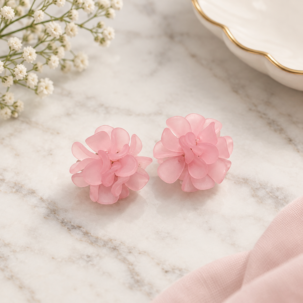 Pink flower cluster stud earrings on marble surface