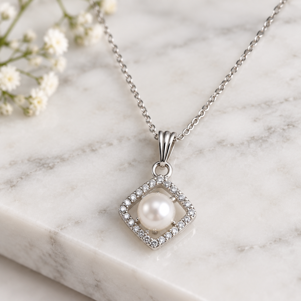Pearl diamond halo pendant necklace on white marble