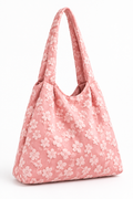 Pink floral jacquard shoulder tote bag on white background