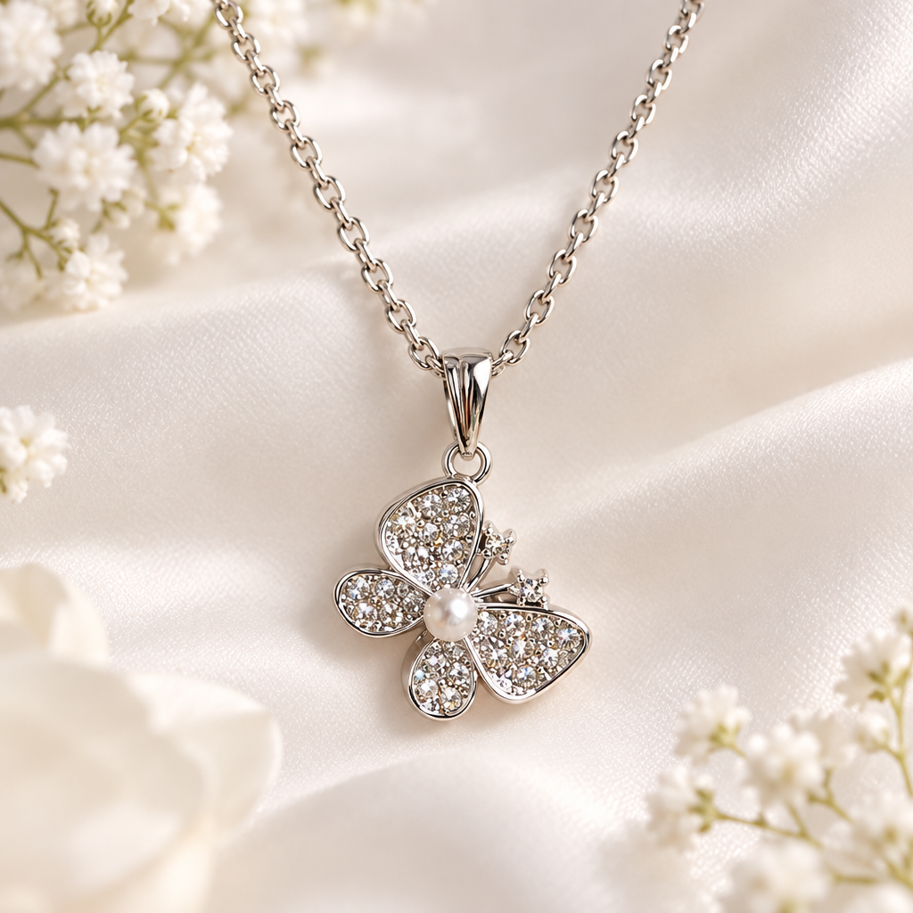 Crystal butterfly necklace on white background