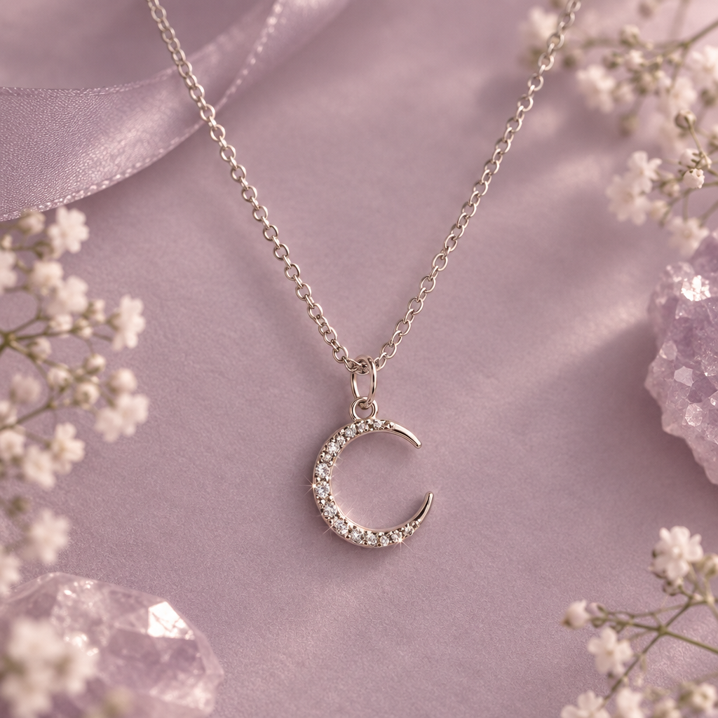 Crystal moon necklace on lilac background