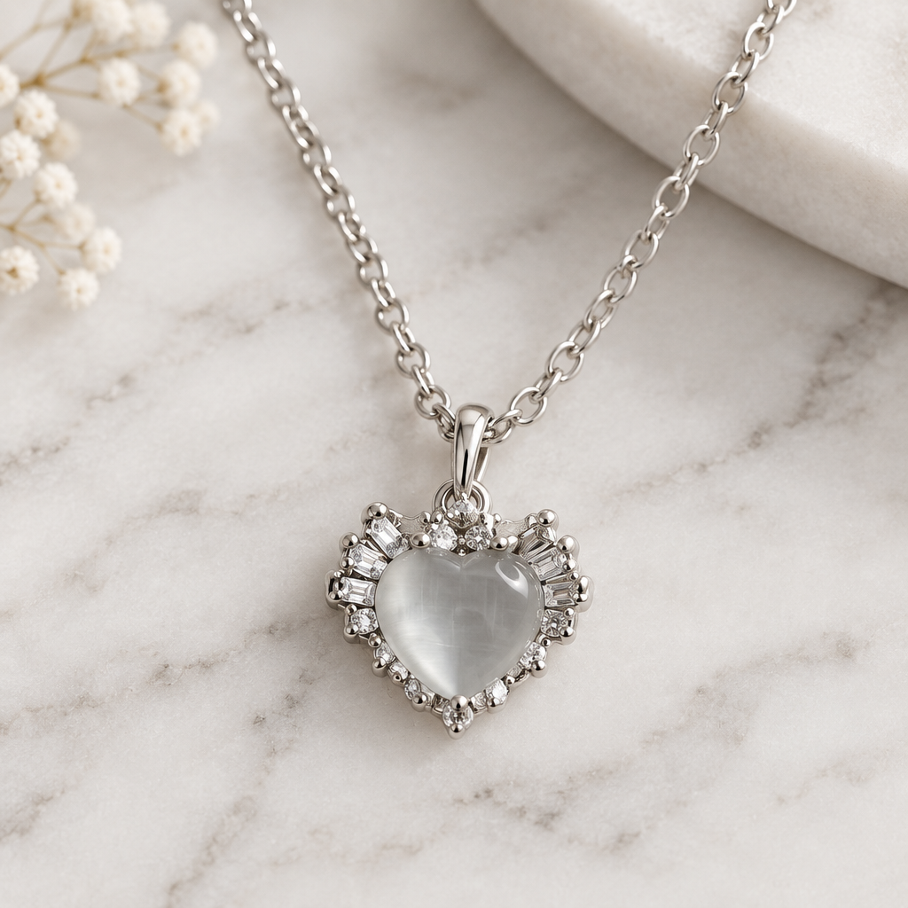 Cat eye heart pendant necklace on white marble