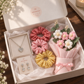 Wuuwuu luxury gift box open with jewellery and crochet bouquet