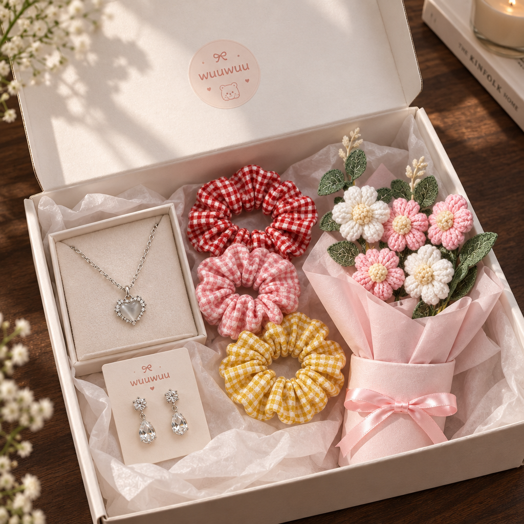 Wuuwuu luxury gift box open with jewellery and crochet bouquet