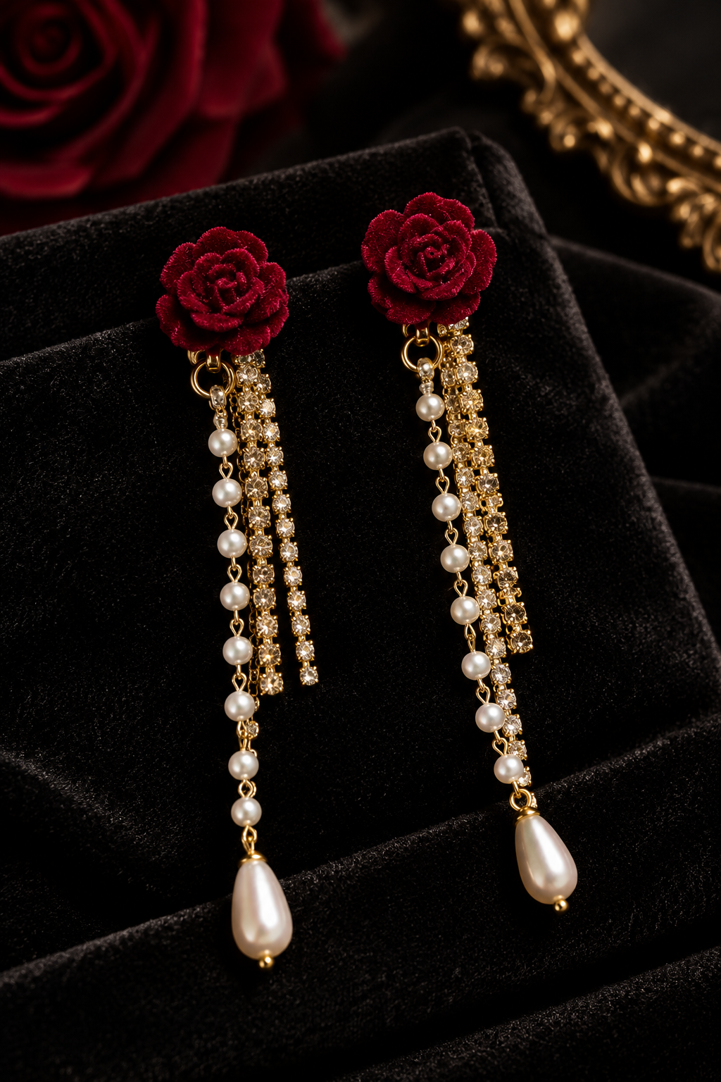 Red rose pearl tassel drop earrings on black velvet