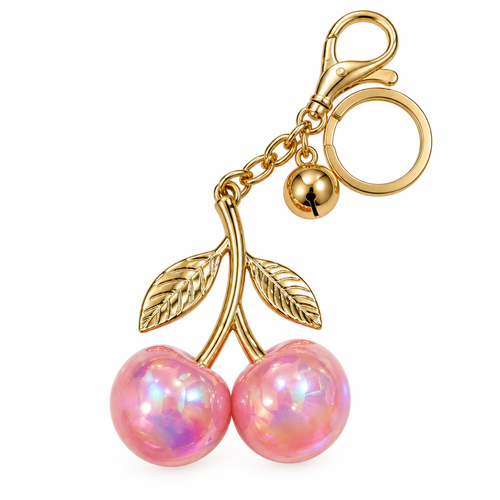 Pink pearlescent cherry resin keychain with gold hardware